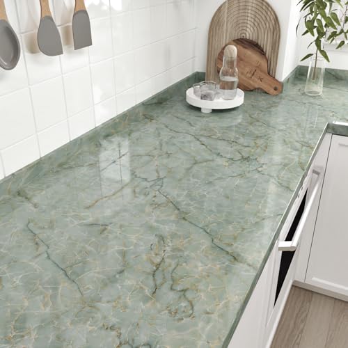 Green Marble Contact Paper Peel and Stick Countertops 15.7"¡¿78.7" Gold Green Marble Wallpaper Removable Countertop Contact Paper Waterproof for Kitchen Backsplash Cabinets Table Wall Vinyl