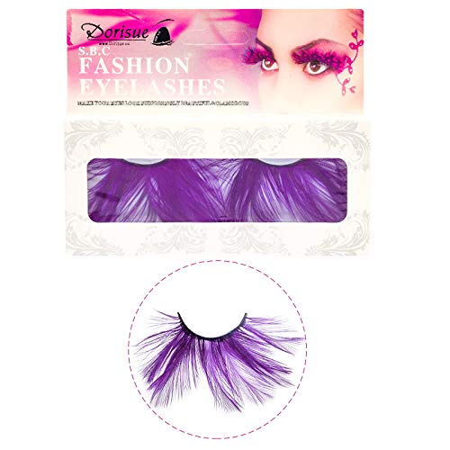 Dorisue Huge lashes Dramatic Halloween eyelashes Double Lip Black with Purple Big Extra Long Feather eyelashes Cat eye shape Costume Spider Firework style lashes