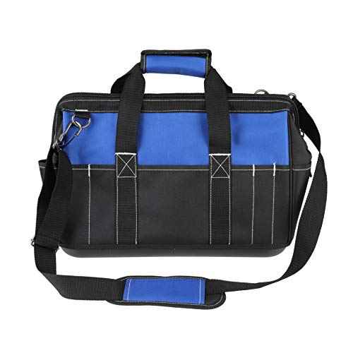 Tahoe Trails 16" Wide Mouth Tool Bag and Organizer for Home, Workshop, or Job Site, Molded Waterproof Base with 21 Pockets and 7 Belt Loops, Padded Handle, Adjustable Shoulder Strap