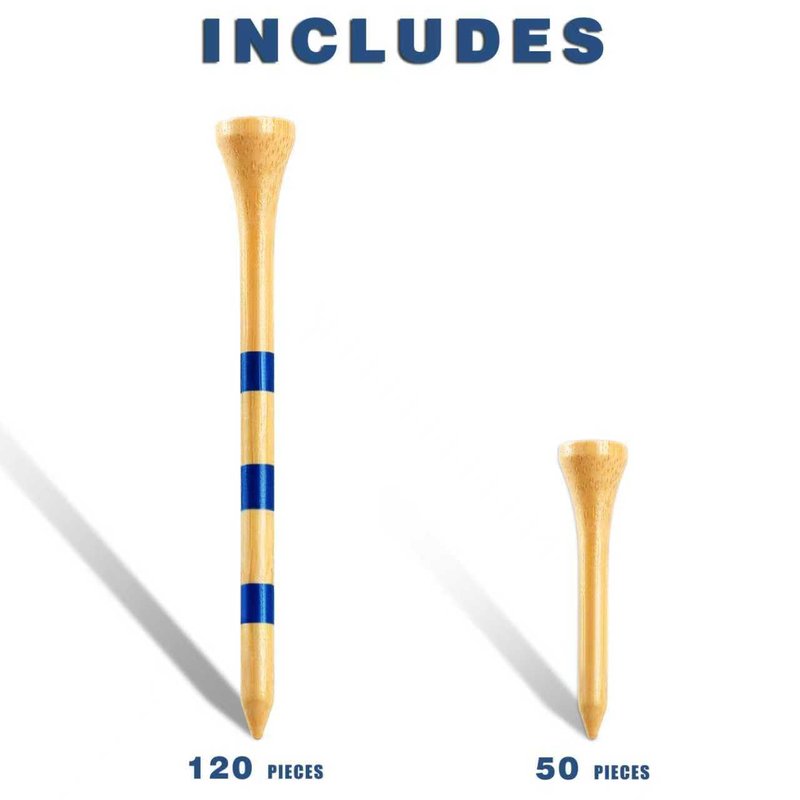 CHAMPKEY Premium Bamboo Golf Tees 170 Pack - 120 Pcs Long Tees with 50 Pcs Short Tees Assorted Pack - Friendly Biodegradable Material Golf Tee（2-3/4"）