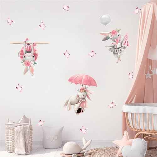 Cute Pink Bunny Butterfly Wall Stickers, sacinora Little Rabbit Cartoon Animal DIY Wall Decal Removable Vinyl Peel and Stick for Kids Baby Girl Nursery Bedroom Toddler Room Kindergarten Art Decoration