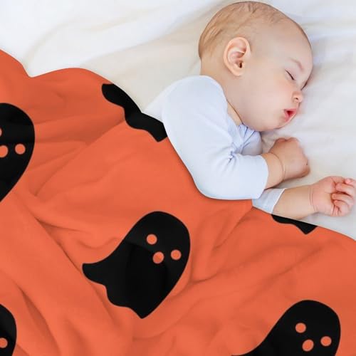 Soft Ghost Throw Blanket Warm Halloween Blanket Cozy Fluffy Lightweight Halloween Blanket for All Seasons Ghost Cute Blanket for Living Room Sofa Bed, 50"x60", Orange