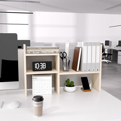 Jerry & Maggie Desktop Organizer Office Storage Rack Adjustable Wood Display Shelf, White, 5 Units, 16"L x 15.8"H x 6.8"W