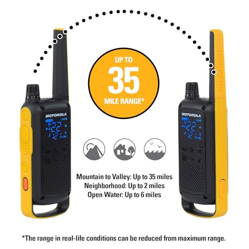Motorola T470 Talkabout Two Way Radios, Long Range Emergency Rechargeable Waterproof Walkie Talkies 22 Channel, 35 Mile outdoor Black Yellow, 2 Pack