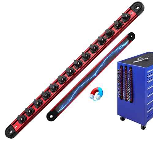 3/8-Inch Magnetic Socket Organizer Rail, Aluminum Alloy Socket Rail, Heavy Duty Sockets Holder with 14 Clips, 360¡Æ Swivel Clip Tool Tray, Sockets Organizer for Tool Box Drawer (Red)