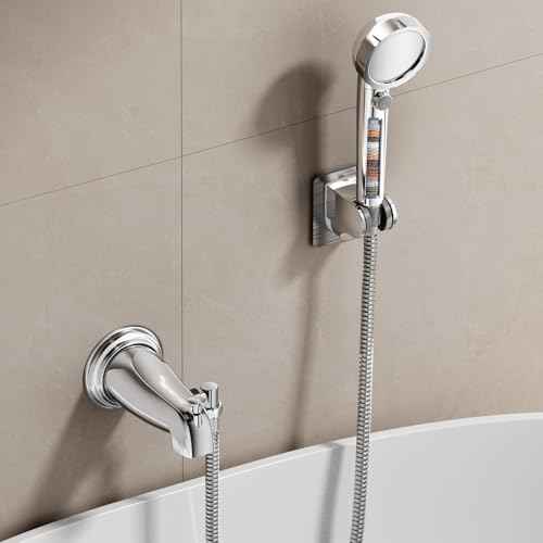 SINGSUO Bathtub Faucet with Sprayer, Filtered Shower Head Attaches to Tub Faucet, Metal Tub Tap with Sprayer, Bathtub Shower Attachment with 3 Adapters, 3-Mode Shower Head with ON/OFF Button (Chrome)