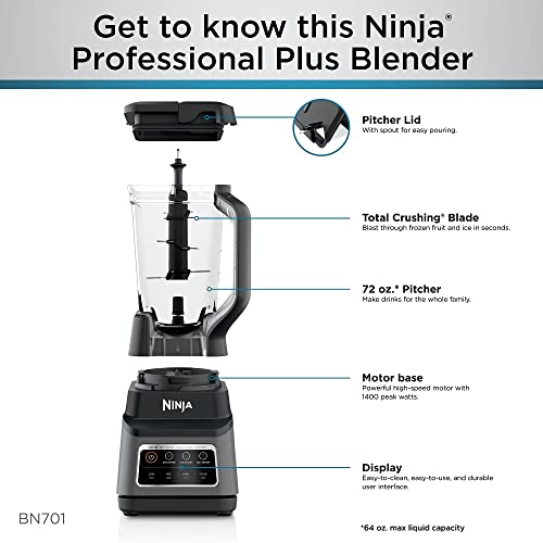 Ninja BL660 Professional Compact Smoothie & Food Processing Blender, 1100-Watts, 3 Functions -for Frozen Drinks, Smoothies, Sauces, & More, 72-oz.* Pitcher, (2) 16-oz. To-Go Cups & Spout Lids, Gray