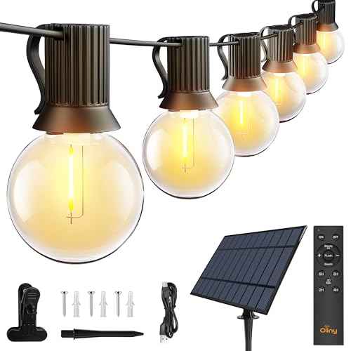 Ollny 110FT Solar String Lights for Outside, Waterproof Remote Control Dimmable Timers 3Modes Outdoor Light with 50 LED + 2 Spare Shatterproof Bulb, G40 Hanging Lights for Patio Pool House Garage