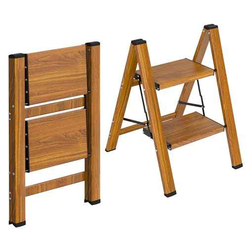 HBTower Step Ladder,Lightweight Aluminum Folding Step Stool with Anti-Slip Wide Pedal,330lbs Capacity Step Ladder for Household,Kitchen,Office - Woodgrain