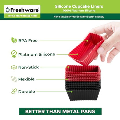 Freshware Cupcake Liners, Pack of 12 Silicone Muffin Cups, 2.8 Inch Baking Cups, Reusable & Non-stick Cupcake Liners for Party Halloween Christmas, Rectangular