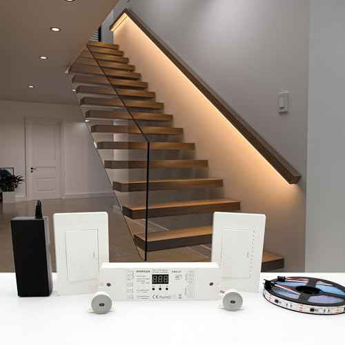 Motion Sensor with Daylight Sensor LED Stair Light Kit KMG-45, 16.4FT Warm White 3000K Cuttable LED Strip Light for Indoor Handrail Stair Lights