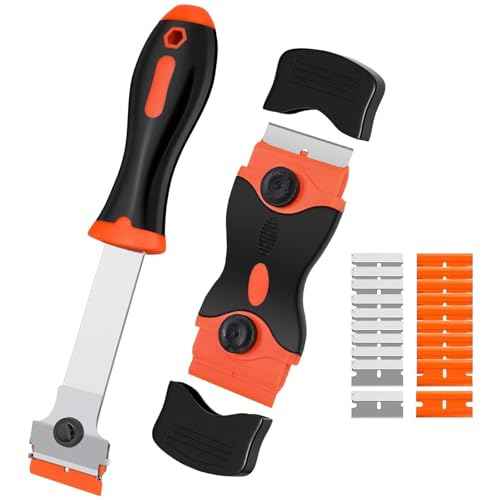 Wesoke 2 Pcs Glass Scraper Tool for Window, Double Edged Window Razor Blade Scraper, Long Handle Cleaning Scraper Tools with 10 Metal & 10 Plastic Blades for Paint, Sticker, Wallpaper, Floors, Orange