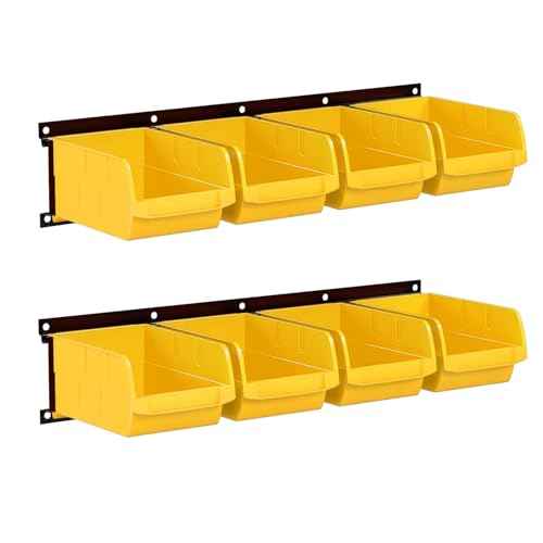 Garage Storage Rack with 8 Bin Wall Mounted Parts Storage Bin 2 Rails Hardware Organizers for Workshop Garage Shop (Yellow)