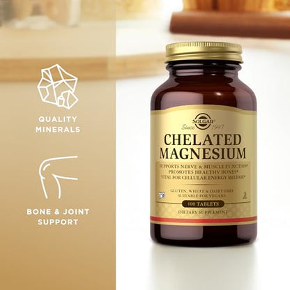Solgar Chelated Magnesium - Supports Muscle and Nervous System - Mind Balance - Energy Release and Reduces Tiredness - Brown, 100 Tablets