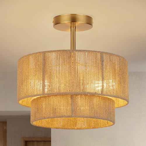 3-Light Boho Light Fixtures Ceiling Mount,12.6'' Rattan Semi Flush Mount Ceiling Light Fixture,Coastal Hemp rope Drum Light Fixtures with 2-Tier Shade, Farmhouse Light Fixture for Bedroom Hallway