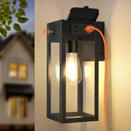 Porch Lights with GFCI Outlet, Dusk to Dawn Motion Sensor Outdoor Lights, 2 Lighting Modes Waterproof Anti-Rust Wall Sconce Lantern, Outside Light for House, Black