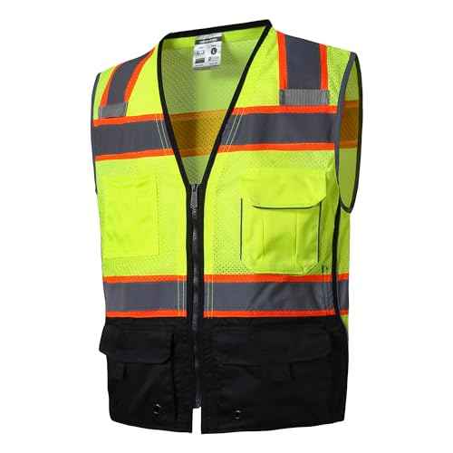 SKSAFETY 10 Pockets Professional level Safety Vest, Class 2 High Visibility Security Vest with Zipper, Hi Vis Vest with Reflective Strips, ANSI/ISEA Standard, Construction Work Vest£¨Lime Black, 3XL£©
