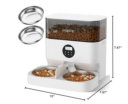 Espelho Automatic Cat Feeders for 2 Cats - 5L Timed Cat Food Dispenser with 2 Stainless Steel Bowls, 10s Meal Call Programmable Portion Control Pet Feeder with Desiccant Bag for Cats & Dogs