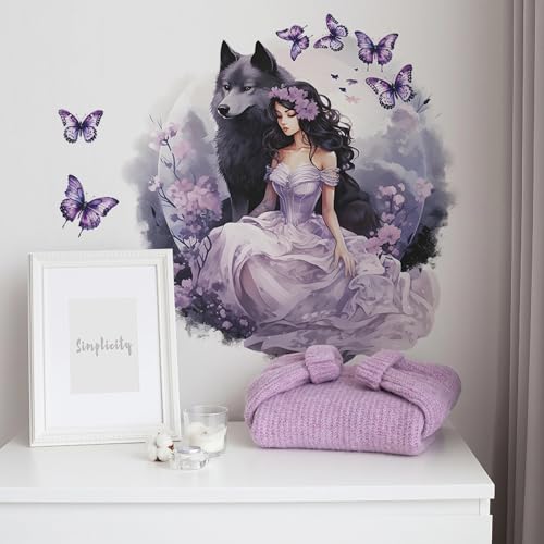 Purple Wolf Girl Butterfly Wall Stickers, sacinora Creative Cold Beauty Art Wall Decals Removable Vinyl Peel and Stick for Kids Women Bedroom Nursery Decoration