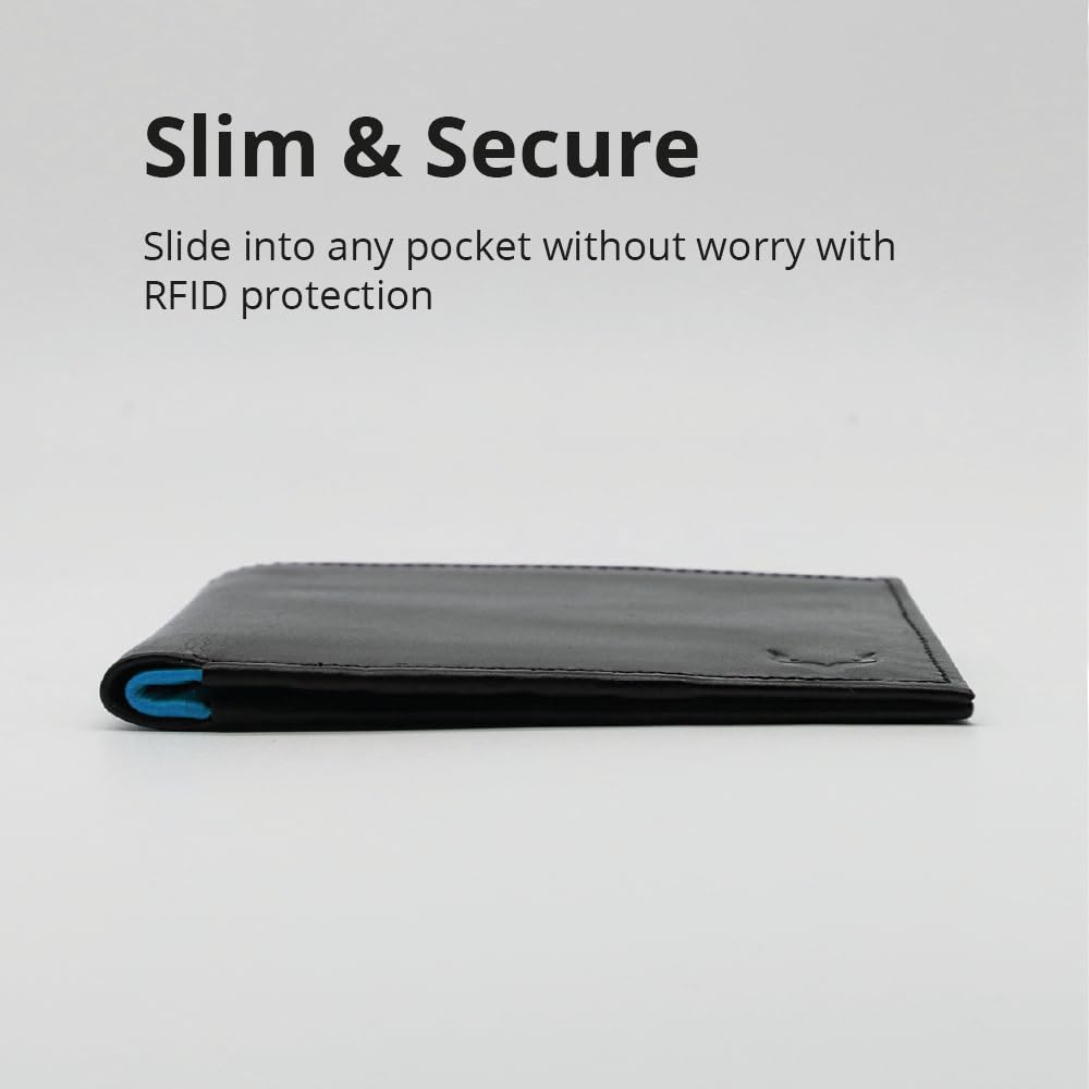 PELLE TORO Handmade Super Slim Men's Wallet, Handmade with Napa Leather, RFID Blocking Wallet, 9 Card Slots & ID Window (Charcoal Black & Aqua Blue)