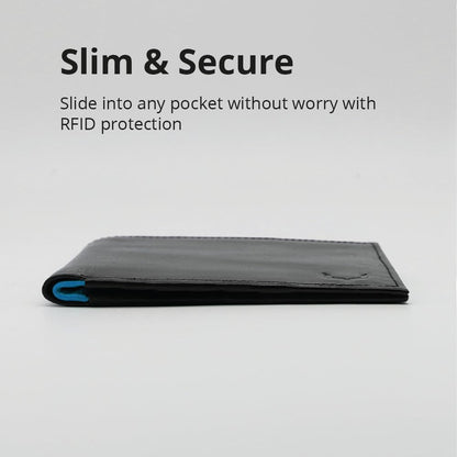 PELLE TORO Handmade Super Slim Men's Wallet, Handmade with Napa Leather, RFID Blocking Wallet, 9 Card Slots & ID Window (Charcoal Black & Aqua Blue)