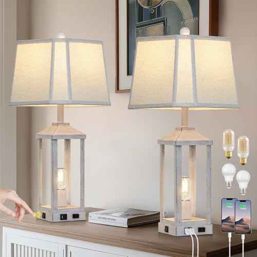 28" Set of 2 Vintage Table Lamps for Living Room£¬Farmhouse Industrial Nightstand Lamp with USB C+A & Outlet £¬White Bedside Lamps for End Table with Nightlight, Bell Lampshades for Bedroom Nightstand