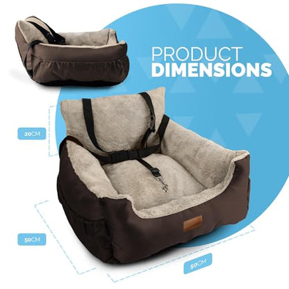 Furdreams Dog Car Seat (Brown/Beige - 20kg), Plush & Cosy Pet Car Booster Seat for Small Dogs & Cats with Storage Pocket, Car Dog Bed with Safety Leash, Waterproof Liner & Non-Slip Base,Dog Travel Bed