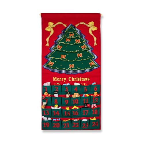 Merry Christmas Green Tree Advent Calendar by Pockets of Learning | Festive Holiday Décor, Seasonal Fabric Wall Hanging | Cloth Christmas Countdown w/ 24 Stuffed Cloth Ornaments