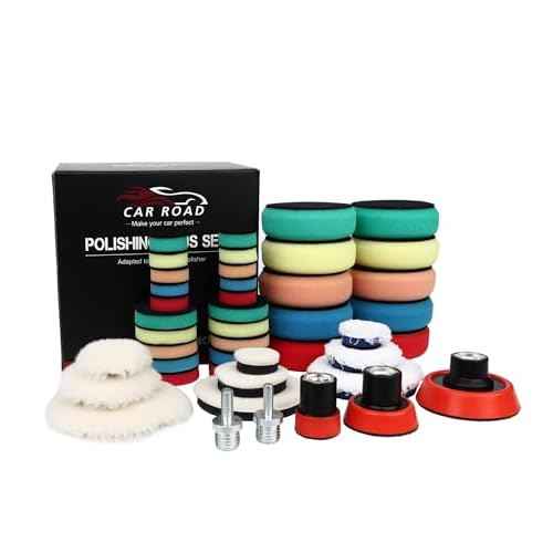 Car Foam Drill Polishing Pad Kit, 44Pcs 1inch 2inch 3inch Detail Polishing Buffing Pad Mix Size Car Detailing Kit with 5/8-11 Thread Backing pad & Adapters for Buffer Polisher Polishing, Buffing