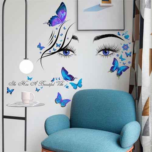 Blue Eyelash Eyes Butterfly Wall Stickers, sacinora Inspirational Quotes Motivational Word DIY Wall Decals Removable Vinyl Peel and Stick for Girls Women Kids Living Room Bedroom Nursery Art Decor