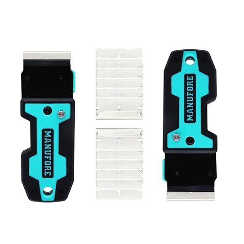 MANUFORE Folding Cleaning Scraper Blue Portable Multi-Purpose Razor Blade Scraper for Cleaning Glass, Stove-top, Window, Floor(2 Scrapers, 10 Stainless Steel Blades)