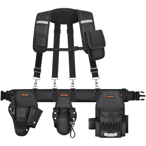Tool Belt for men | 38-Pockets Heavy Duty Padded Tool Belts | With Suspenders | Detachable & Adjustable Tool Pouch Bag | Electrician,Carpenter,Construction,Framers,Carpenter,Roofing