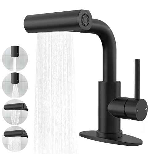 Matte Black Bathroom Sink Faucet with Pull Down Sprayer - 4 Mode Single Handle Vanity Faucet Waterfall Bathroom Faucet with Pull Down Sprayer (No Drain)