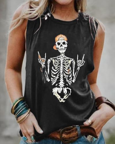 BRUBOBO Womens Funny Skull Graphic Tank Tops Summer High Neck Sleeveless Workout Tee Shirts (Large,Black)
