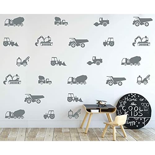 Construction Vehicles Wall Stickers The Builder Collection Tractor Excavator Cars Nursery Decals Baby Decor YT5319 (Grey)