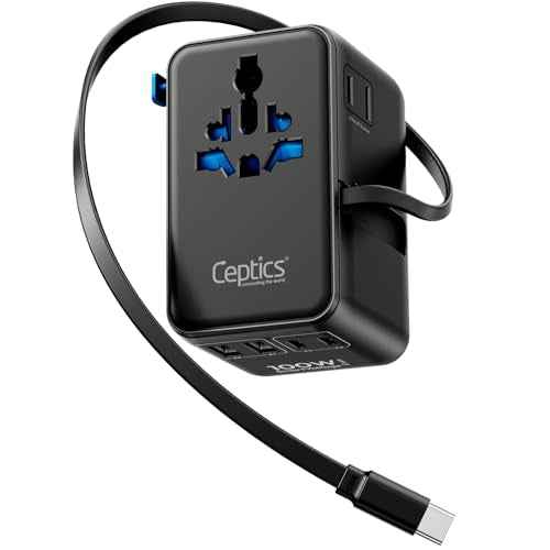 Ceptics GAN 100W Universal Travel Adapter with Retractable USB-C Cable, 2X USB-A & C, Universal Input and 1x USA/JP Input, 7 in 1 Universal Adapter for Worldwide Travel - Type A, C, G, I Output