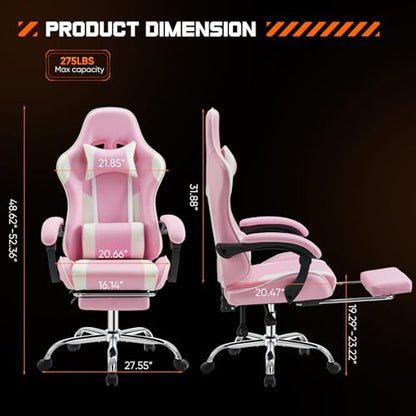 DUMOS Ergonomic Gaming Desk Chair - PU Leather Recliner with Footrest, Lumbar Support, Headrest, Fixed Armrests, Height Adjustable, 360° Swivel, Pink, for Adults