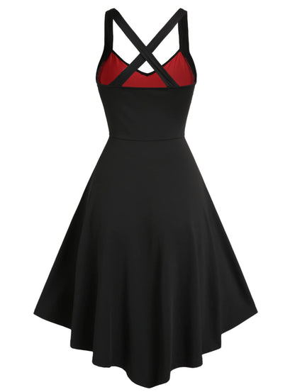 DRESSFO Summer Lace Up Cross Back A Line Gothic Sundress Skull Lace Godet Dress for Women (Black Red/1X)