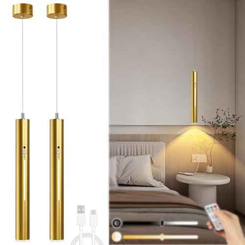 Battery Operated Pendant Light Set of 2, Wireless Chandelier with Remote, 3 Color Dimmable, 6000mAh Hanging Battery Operated Light for Kitchen Island Dinning Room Bedroom, Gold