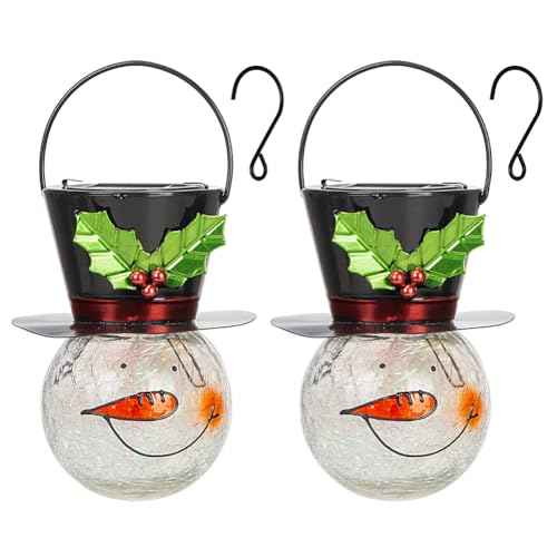 Starsoul 2 Pack Snowman Solar Lanterns, Christmas Outdoor Hanging Lantern Waterproof Decorative Snowman Lights Decor for Garden, Patio, Yard, Porch, Xmas Holiday Party Decor (Large Leaves)