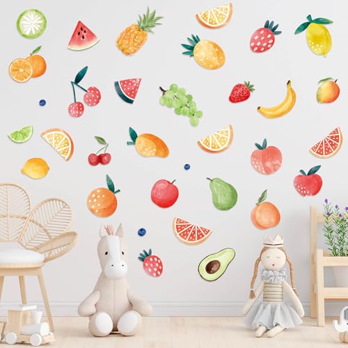 Dayker Summer Fruit Wall Decals, Colorful Fruits Peel and Stick Wall Stickers, Pear Cherry Watermelon Lemon Wallpaper, DIY Art Decor for Bedroom Classroom Nursery Kitchen Fruit Party Supplies