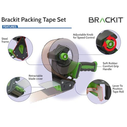 brackit Packing Tape with Dispenser, Brown 48mm x 66m, Pack of 6 Rolls – Strong Heavy Duty Packing Tape for Regular Use or Moving – Easily Seals Your Parcels and Boxes - Packaging Tape Dispenser