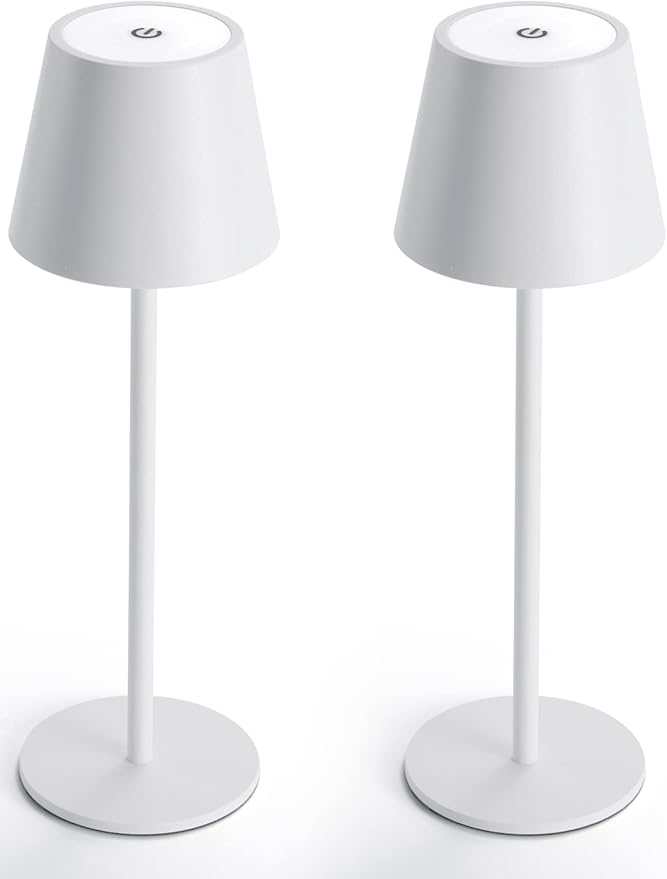 Maksone 2 Pack LED Cordless Table Lamp, 6600mWh Rechargeable Battery Desk Lamp, 3000K Stepless Dimming Night Light, IP54 Waterproof Metal Outdoor Portable Lamp for Camping, Restaurant (White)
