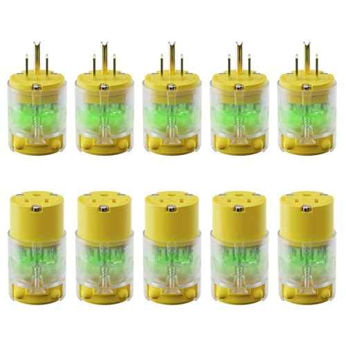 AIDA Lighted Plug and Connector Set, Straight Blade Cord End Replacement, 15 Amp 125Volt, NEMA 5-15P & NEMA 5-15R, 2 Pole 3Wire Grounding, Yellow, 5 Set