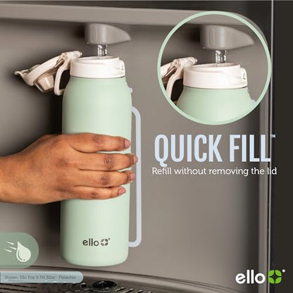Ello Pop & Fill 32oz Stainless Steel Water Bottle with Quick Fill Technology, Double Walled and Vacuum Insulated Metal, Leak Proof Locking Lid, Sip and Chug, Reusable, BPA Free, Black