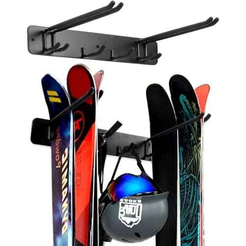 Wall Mount Ski Storage Rack,Garage Snowboard Storage Organizer 4 Pairs Metal Hooks Indoor Outdoor System Organization (Black 1pack)