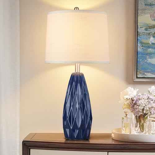 25'' Table Lamp Navy Blue Table Lamps Modern Ceramic Lamps for Night Stand - Dimmable Bedside Lamps for Nightstand, Bedroom Lamp for Living Room Desk End Table Office Guest Room