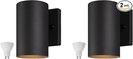 mirrea 7" Modern Outdoor Porch Wall Light with 5W LED GU10 Replaceable Bulbs in Matte Black Aluminum Cylinder Downlight Outside Sconce Pack of 2