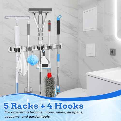 2 Pack Heavy Duty Wall Mount Broom Holder ? Stainless Steel with 5 Racks & 4 Hooks Broom Organizer? Self-Adhesive or Screw Mount Mop Holder for Garage, Laundry, Kitchen ? Silver