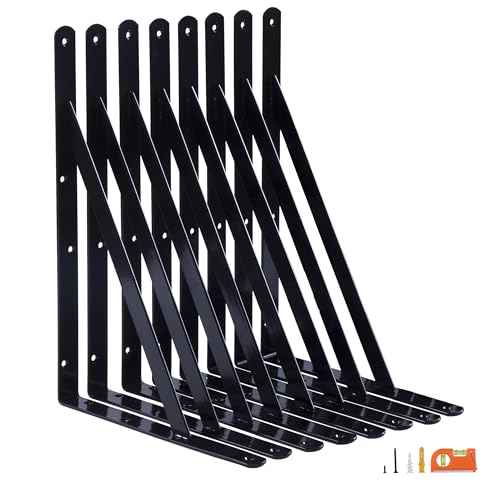 8-Pack 18 Inch Heavy Duty Shelf Brackets, Thicken Wall Bracket for Garage Floating Storage Shelves, 90 Degree Triangle Large L Bracket, Black Powder-Coated Steel